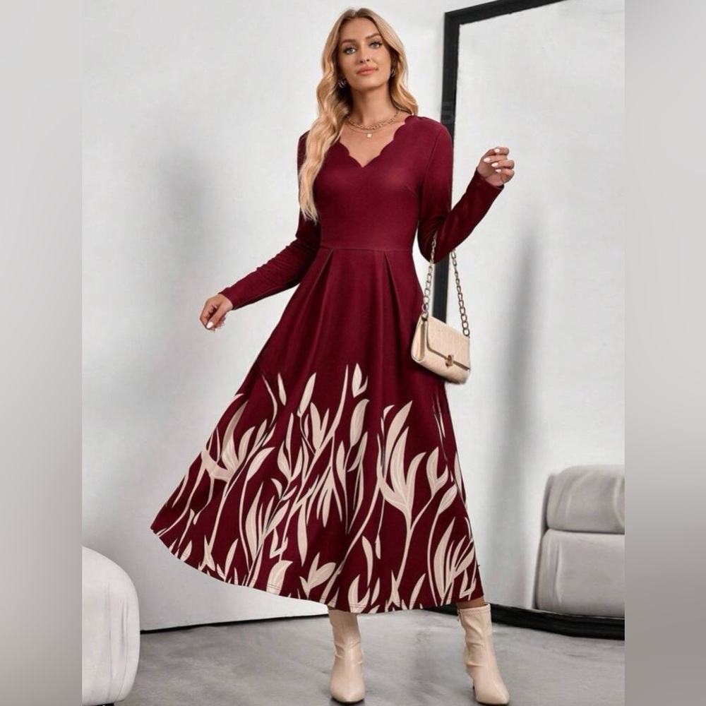 Long Fall Dress Fall Women Dresses Burgundy Dress Floral Neckline Women's Maxi